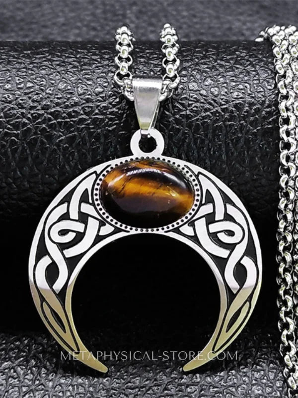 Celtic Crescent Moon Necklace - Tiger eye stone