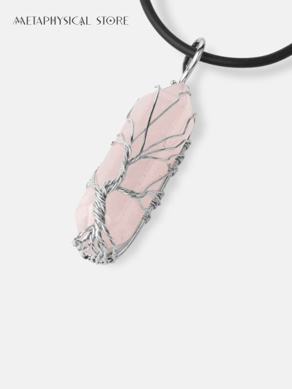 Tree of life rose quartz gemstone necklace